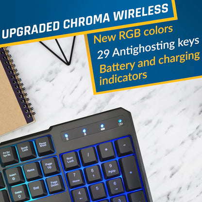 KLIM  Chroma Wireless Gaming Keyboard RGB New - Long-Lasting Rechargeable Battery - Quick and Quiet Typing - Water Resistant Backlit Wireless Keyboard for PC PS5 PS4 Mac - Black