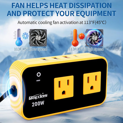 Bapdas 200W Car Power Inverter, DC 12V to 110V Car Charɡer Adapter with 20W USB-C/QC(18W)/4.8A Dual USB/Dual AC Outlet, Car Outlet Adapter Plug for Laptop