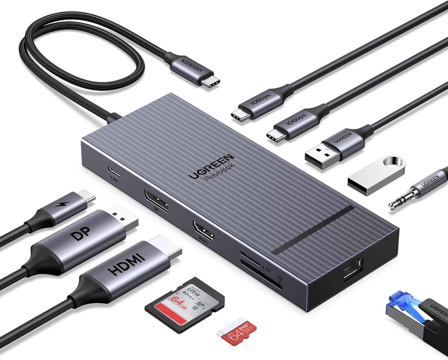 UGREEN USB C Hub(11 in 1), Revodok Pro 4K@120Hz DisplayPort, 4K HDMI, 2x 10Gbps USB-C Data, 100W PD, 1000Mbps Ethernet, SD/TF, 3.5mm, Laptop Docking Station for XPS, Surface, Thinkpad, Zenbok and More