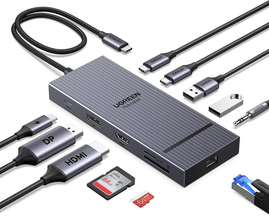 UGREEN USB C Hub(11 in 1), Revodok Pro 4K@120Hz DisplayPort, 4K HDMI, 2x 10Gbps USB-C Data, 100W PD, 1000Mbps Ethernet, SD/TF, 3.5mm, Laptop Docking Station for XPS, Surface, Thinkpad, Zenbok and More