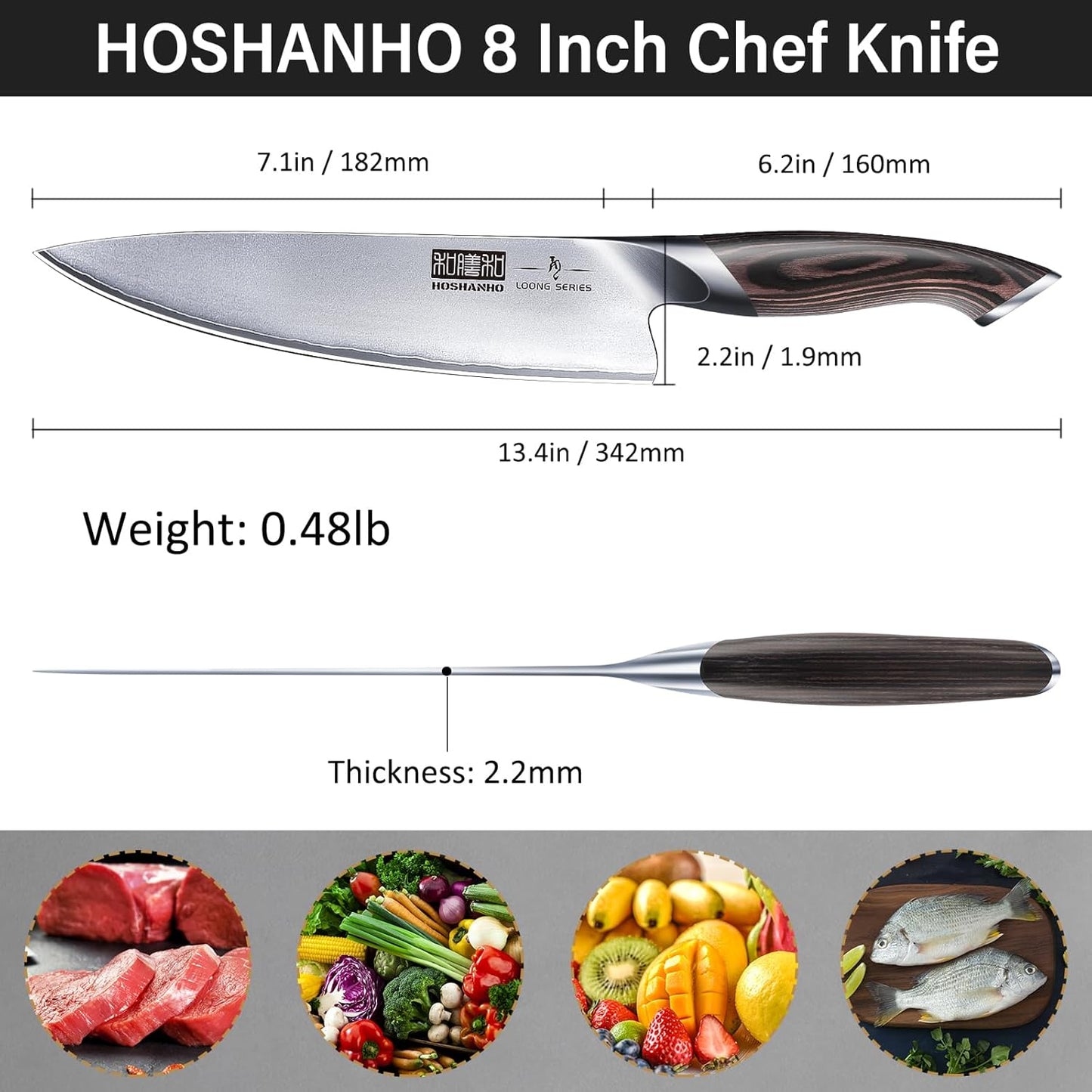 HOSHANHO Kitchen Knife in Japanese High Carbon Steel, High-Class Chef's Knife 8 inch Professional Cooking Knife, Non-Slip Ultra Sharp Knife with Ergonomic Handle