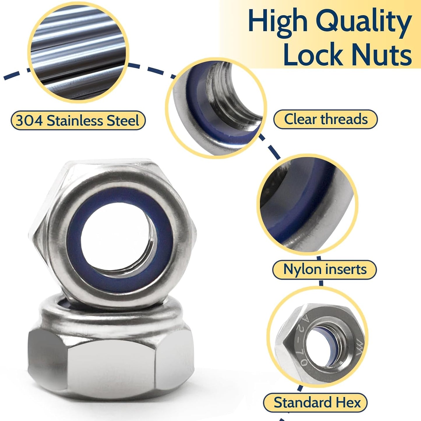Vifmy 110 Pack 1/4"-20 Inch Lock Nuts,304 (A2-70) Stainless Steel Nylon Insert Locknuts,Standard Inch Thread Nylock Nuts for Bolts