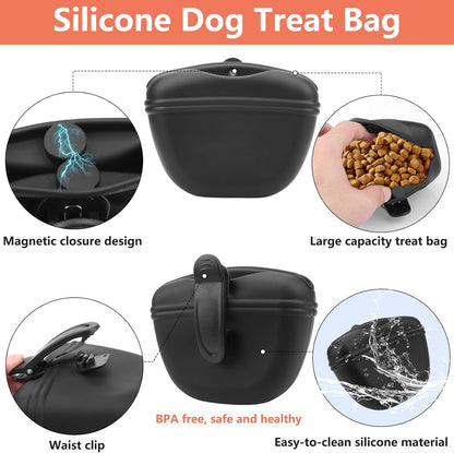 Dog Training Kit - Treat Pouch, Pet Training Fanny Pack, 2 Puppy Training Clickers, Ultrasonic Silent Whistle, 2-in-1 Whistle Clicker, Clicker Training Guide Booklet, Dog Poop Bag (Black)