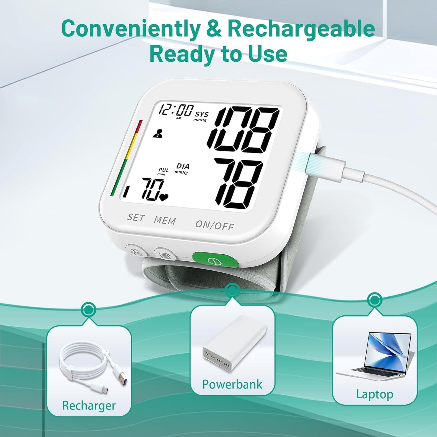 Blood Pressure Monitor for Home Use Large LCD Display Rechargeable BP Machine Adjustable Wrist Cuff 4.92-8.46 Inch 2x120 Reading Memory with Carrying Case, White