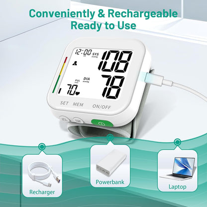 Blood Pressure Monitor for Home Use Large LCD Display Rechargeable BP Machine Adjustable Wrist Cuff 4.92-8.46 Inch 2x120 Reading Memory with Carrying Case, White