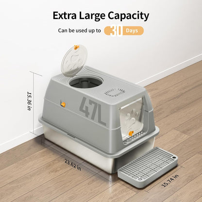 Eosarcu Stainless Steel Cat Litter Box with Lid, XL Large Enclosed Upgraded Litter Box with Removable Lid, Carbon Filters -Odor Free, Easy Cleaning, Anti-Urine Leakage for Big Cats/Multiples-Grey