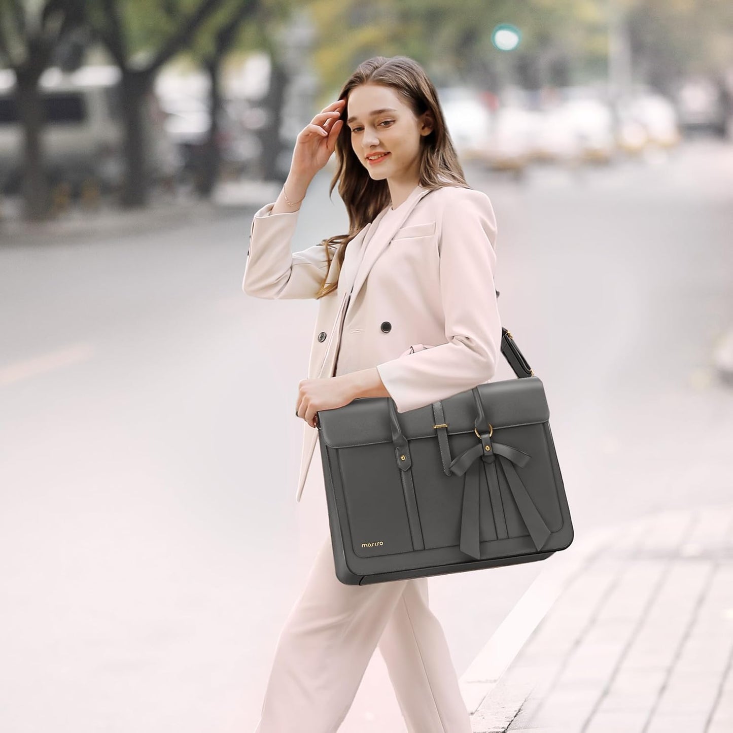MOSISO Laptop Bag for Women, PU Leather Laptop Shoulder Bag Convertible Backpack, Work Travel Computer Bag with Bowknot - PuriLite