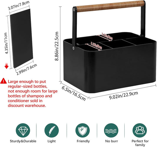 Portable Shower Caddy with Handle and Adjustable Dividers, Plastic Bathroom Storage Basket for Dorms, Toiletries, and Vanity Use, Black Wood Style - PuriLite