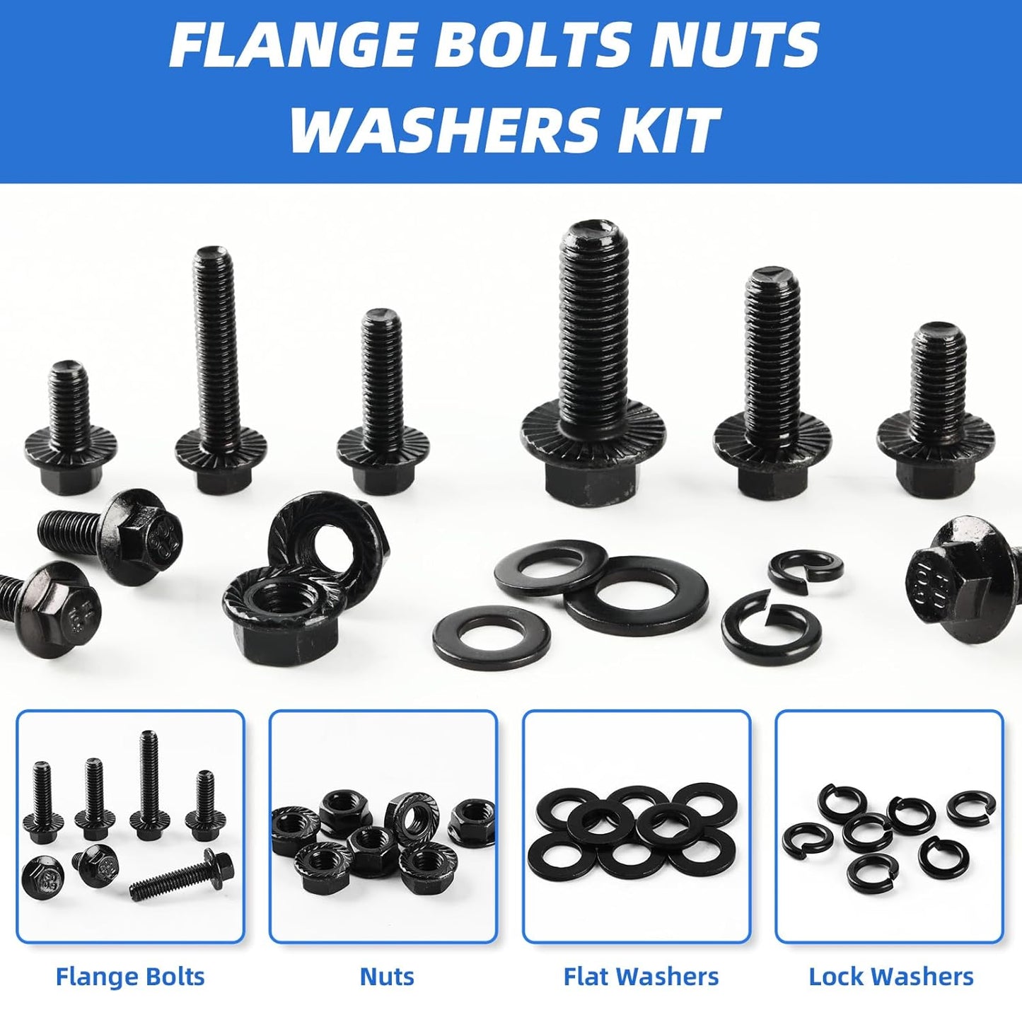 Besitu 280Pcs Metric Flange Bolt Assortment, M6x1.0, M8x1.25, M10x1.5 (12mm to 30mm) Assorted Hex Bolts and Nuts Washers Kit for Automotive, 10.9 Black Zinc Galvanized