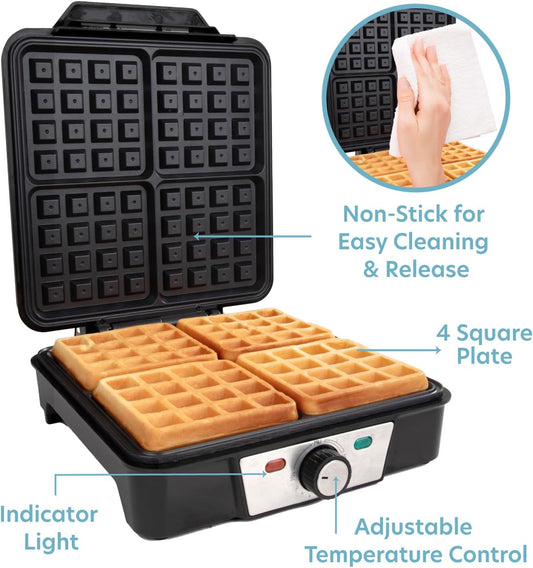 CucinaPro Four Square Belgian Waffle Maker, Extra Large Stainless Steel Kitchen Appliance w Nonstick Waffler Iron Plates Makes 4 Fluffy Waffles, Great Griddle for Family Breakfast or Housewarming Gift - PuriLite