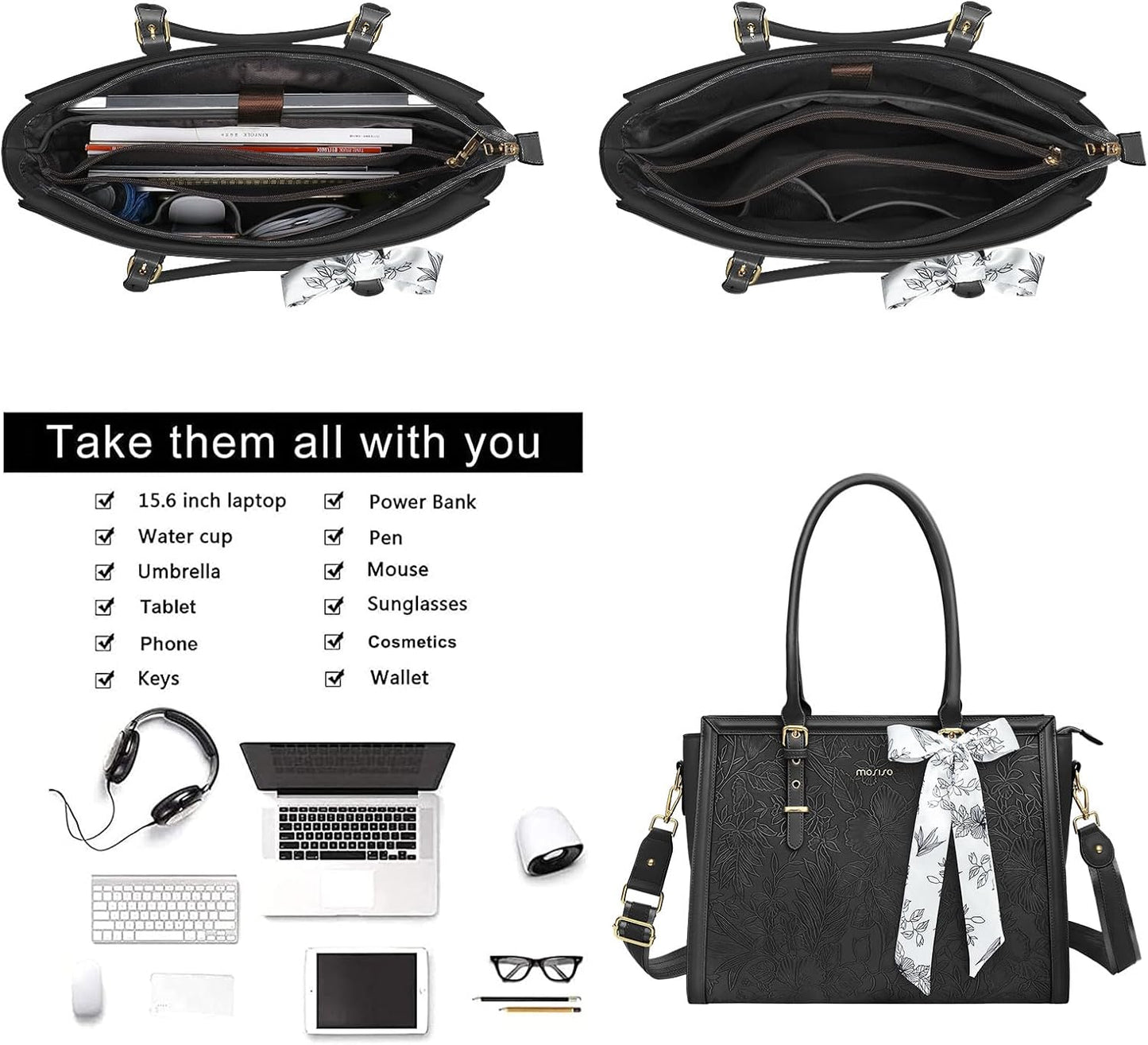 MOSISO Laptop Bag for Women, 17-17.3 inch PU Leathe Tote Bag Compatible with MacBook, HP, Dell, Asus Notebook, Front Embossed Retro Hibiscus Computer Bag with Silk Scarf&Clutch Purse, Gray - PuriLite