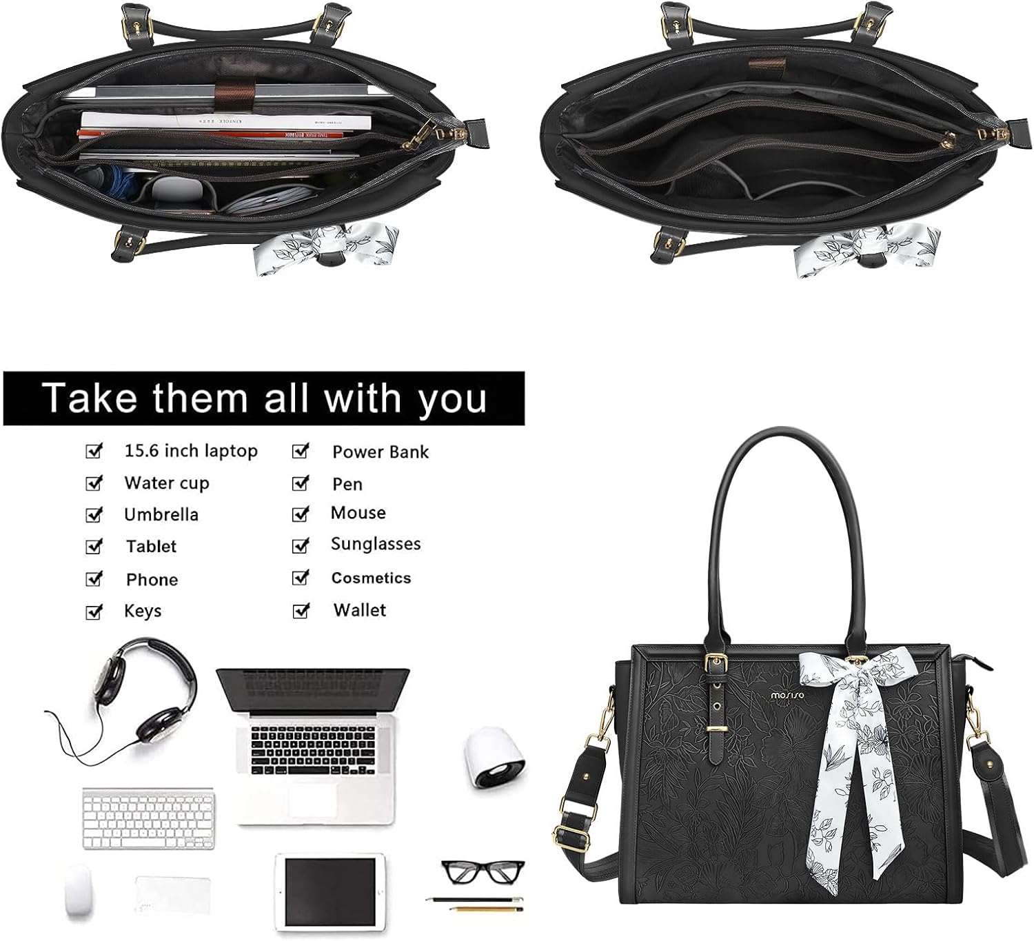 MOSISO Laptop Bag for Women, 17-17.3 inch PU Leathe Tote Bag Compatible with MacBook, HP, Dell, Asus Notebook, Front Embossed Retro Hibiscus Computer Bag with Silk Scarf&Clutch Purse, Gray - PuriLite