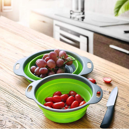 Collapsible Colander, BESUNTEK Strainer Set Round Food Silicone Kitchen for Draining Pasta, Vegetable and Fruit 2 pcs 4 Quart and 1 pcs 2 Quart (Orange + Green + Blue)