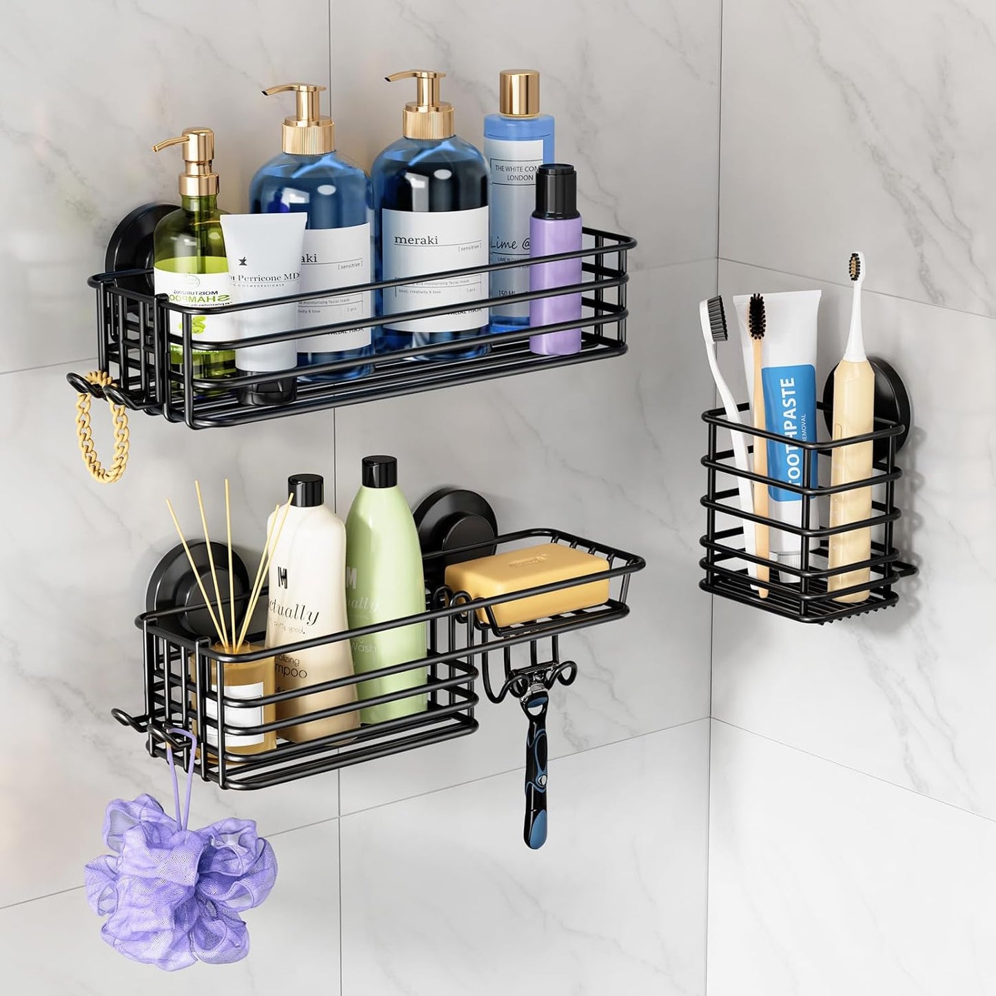 LEVERLOC Shower Caddy Suction Cup, 2 Pack Black Shower Shelf with Hooks and Soap Holder, NO-Drilling Bathroom Organizer, Rustproof Metal Bathroom Storage and Organization