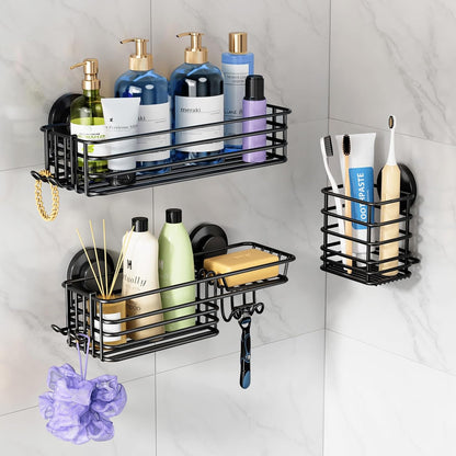 LEVERLOC Shower Caddy Suction Cup, 2 Pack Black Shower Shelf with Hooks and Soap Holder, NO-Drilling Bathroom Organizer, Rustproof Metal Bathroom Storage and Organization