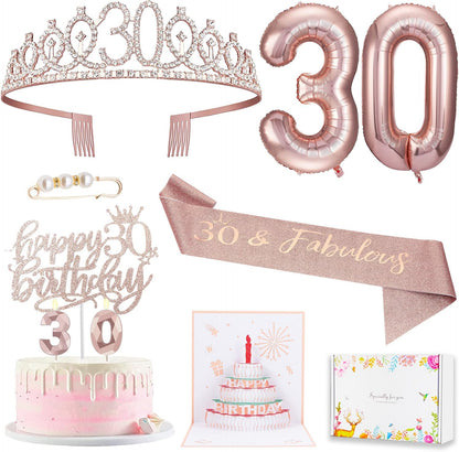 8pcs 40th Birthday Decorations gifts for Women, Including 40th Happy Birthday Cake Topper, Queen Sash with Pearl Pin, Sweet Rhinestone Tiara Crown for Women, Number Candles and Balloons (Rose Gold)