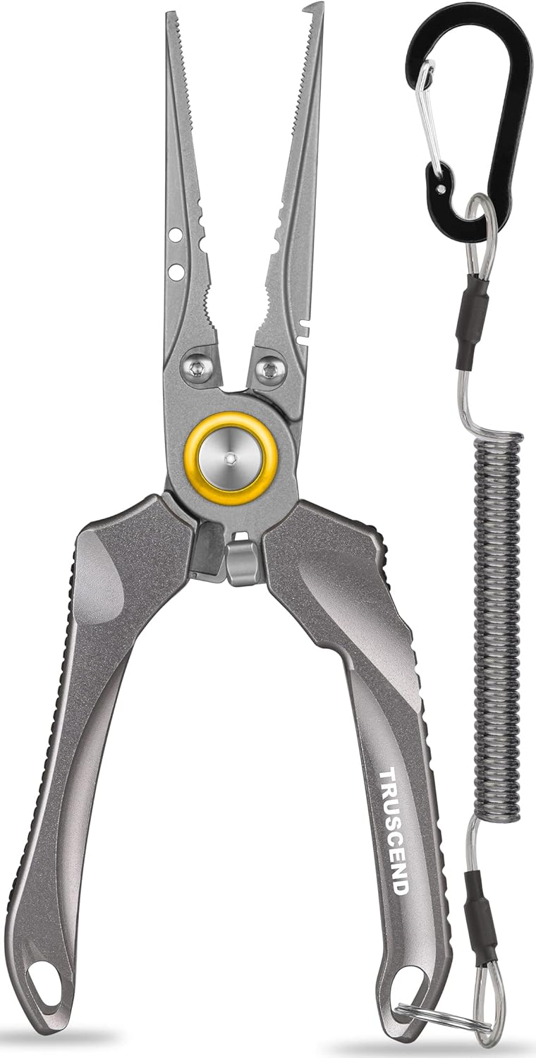 TRUSCEND Lockable Handy Fishing Pliers with Innovative Ergonomic Handle, Saltwater Corrosion Resistant Teflon Coated Fishing Tool, Multi-Function Fishing Gear with Mo-V Cutter, Amazing Fishing Gift