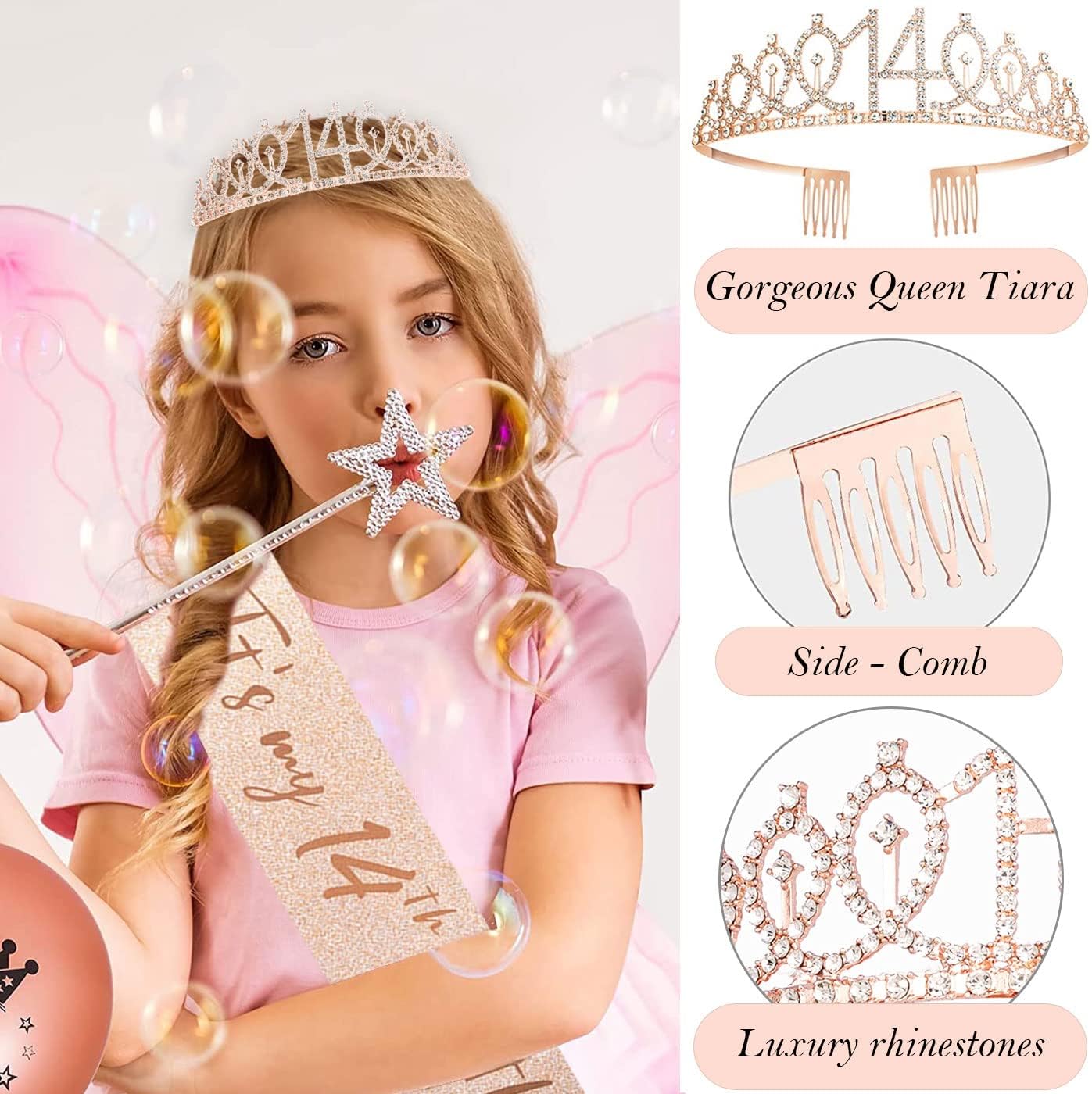 8pcs 40th Birthday Decorations gifts for Women, Including 40th Happy Birthday Cake Topper, Queen Sash with Pearl Pin, Sweet Rhinestone Tiara Crown for Women, Number Candles and Balloons (Rose Gold)