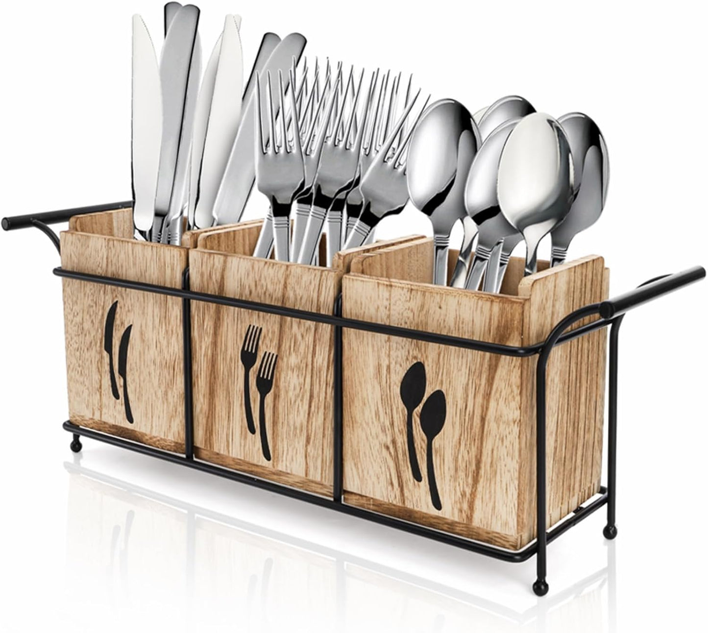 Tebery Wooden Utensil Holder with Handle, 3-Compartment Countertop Flatware and Cutlery Organizer, Metal Tray for Forks, Spoons, Knives, and Kitchen Gadgets, Black - PuriLite
