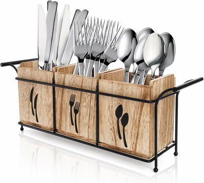 Tebery Wooden Utensil Holder with Handle, 3-Compartment Countertop Flatware and Cutlery Organizer, Metal Tray for Forks, Spoons, Knives, and Kitchen Gadgets, Black - PuriLite