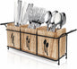 Tebery Wooden Utensil Holder with Handle, 3-Compartment Countertop Flatware and Cutlery Organizer, Metal Tray for Forks, Spoons, Knives, and Kitchen Gadgets, Black - PuriLite