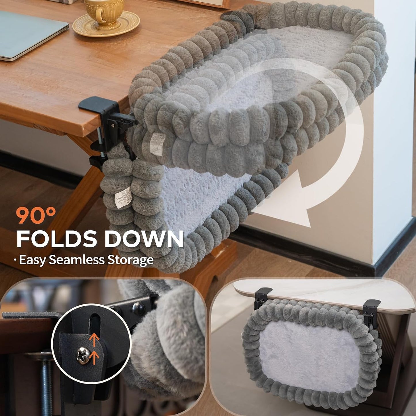 CHEERPALS Cat Desk Bed with Reversible Cushion, 90°Foldable Cat Hammock for Desk Mounted, Suitable for Medium-to-Large Cats and Puppy, Clowd Series(Grey, Medium)