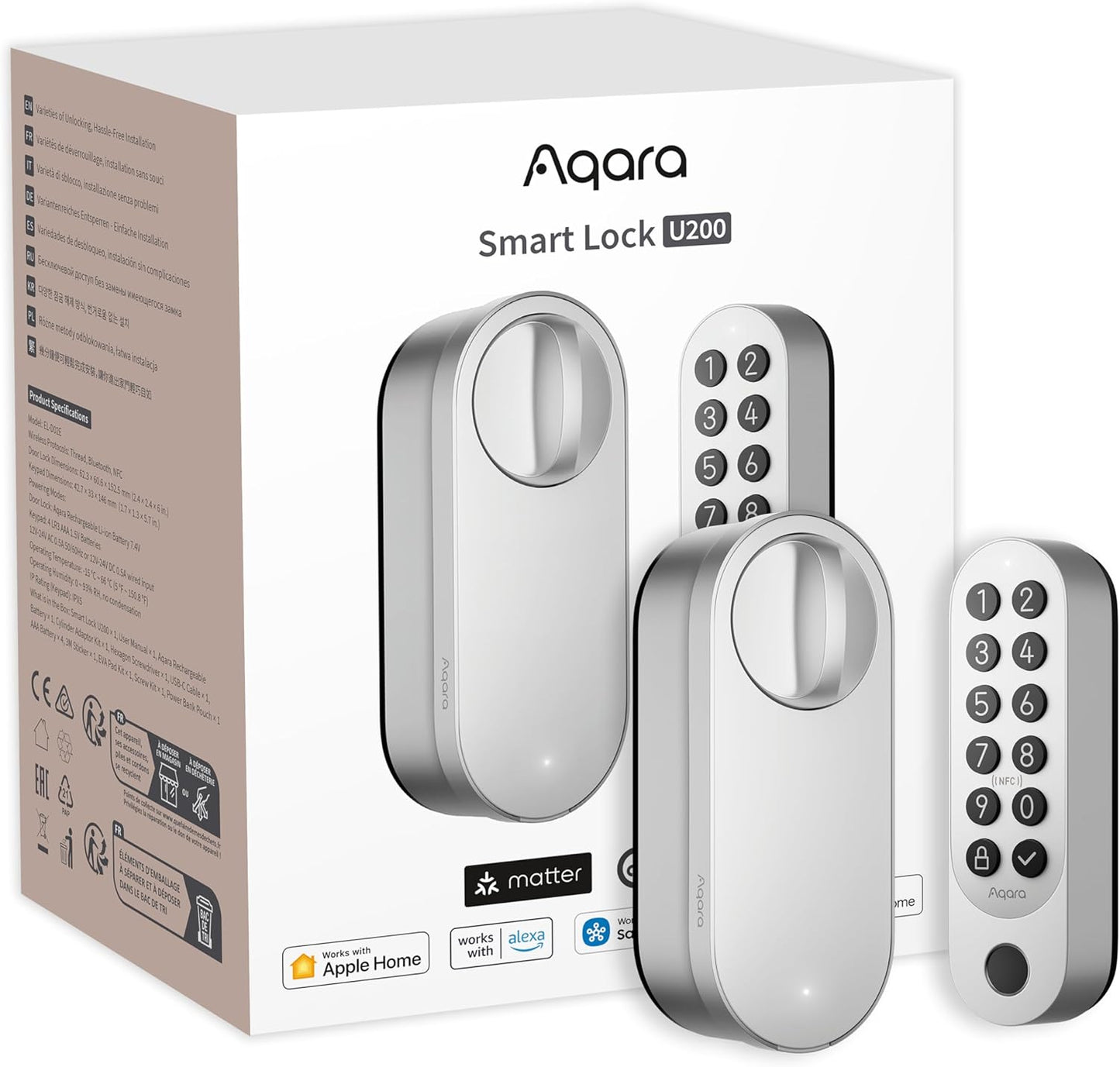 Aqara Smart Lock U200 (Fingerprint Keypad Included), Matter Over Thread, Keyless Entry Door Lock with Apple Home Key and Rechargeable Battery, Supports Apple Home, Alexa and SmartThings, Black