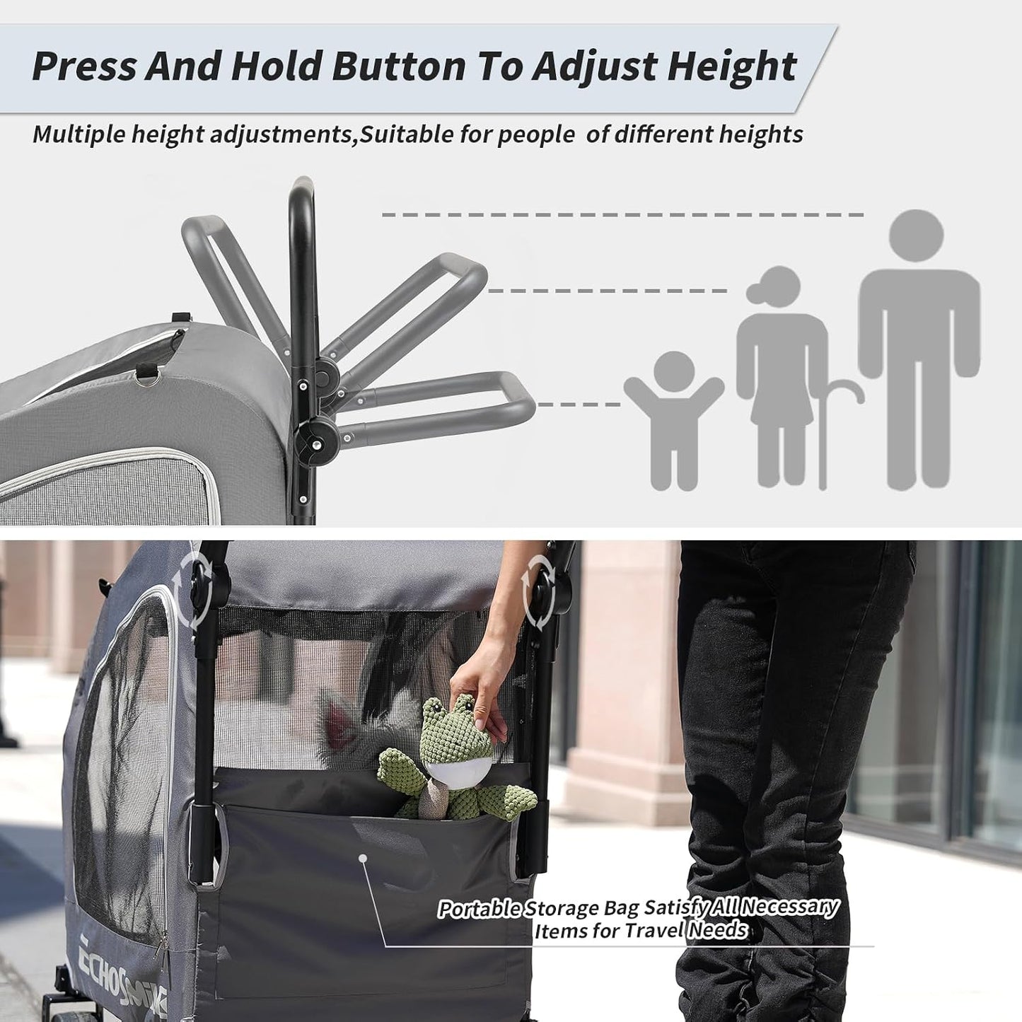 EchoSmile Dog Stroller for Small Medium Dogs Cats Up to 135 lbs, All-Terrain Pet Stroller with Dual Brakes, Car Safe Travel Puppy Carrier,Gray