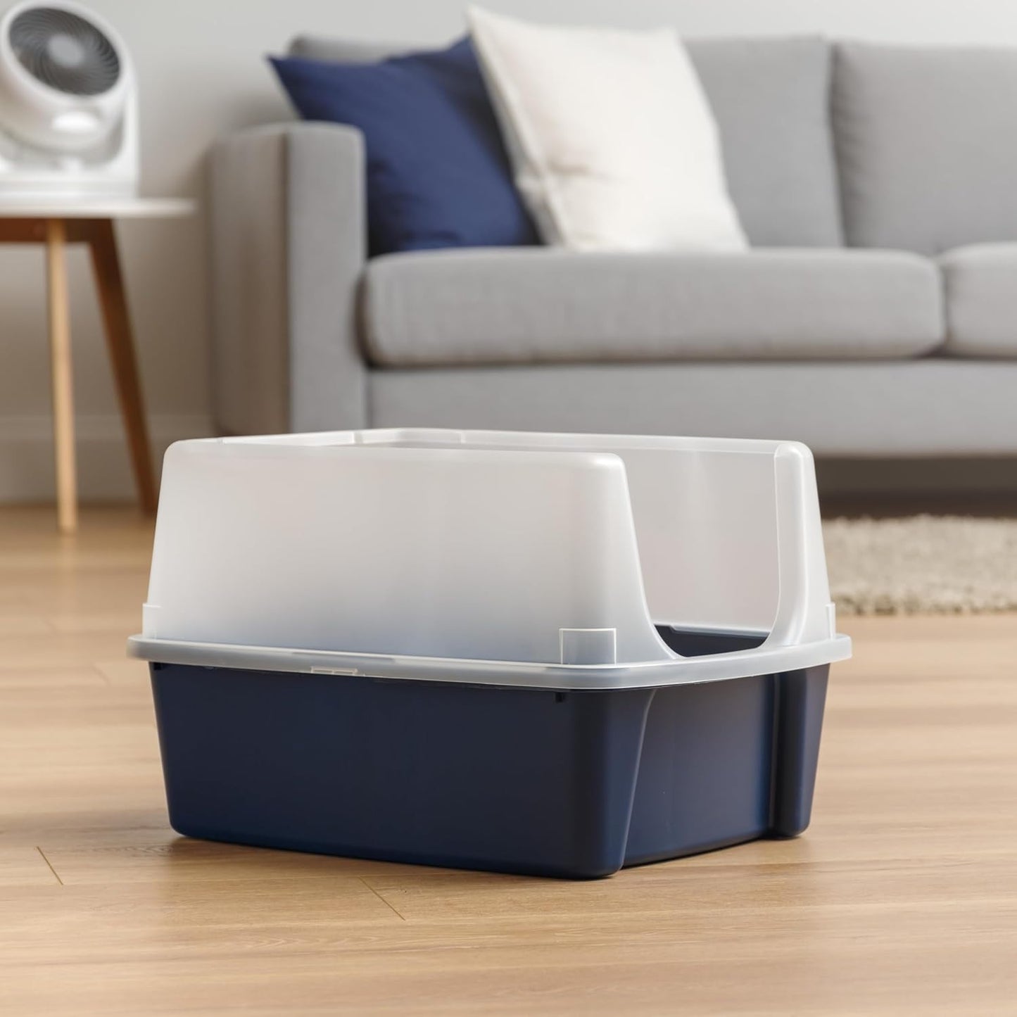 IRIS USA Top Entry Cat Litter Box with Scoop - Large - Stylish Enclosed Round Oval Kitty Dog Proof Box, Litiere Pour Chat Bac - White/Beige