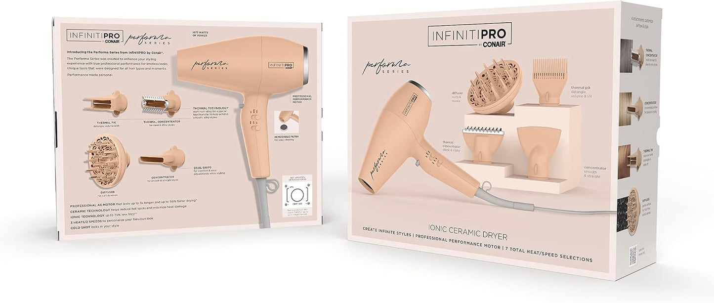 INFINITIPRO BY CONAIR Performa Series Hair Dryer with Diffuser plus 3 Other Attachments | Blow Dryer with Professional Performance Motor | Blush Pink | Great for travel