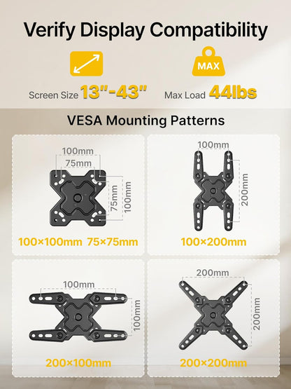 monTEK Full Motion TV Wall Mount Bracket for Most 13-43 Inch TVs, Wall Mount TV Bracket with Articulating Arm, Swivel Tilt Extension TV Mount, Max VESA 200x200mm, up to 44lbs - PuriLite