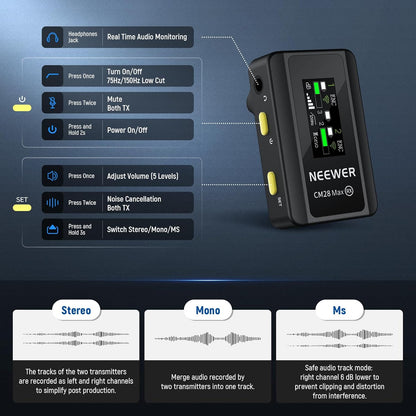 NEEWER CM28 Wireless Lavalier Microphone System with Charging Case, 1 Click Noise Canceling, 4GB Storage for 9Hrs of 48KHz 16 Bit Uncompressed Audio Lapel Mic Compatible with iPhone/Android/PC/Camera