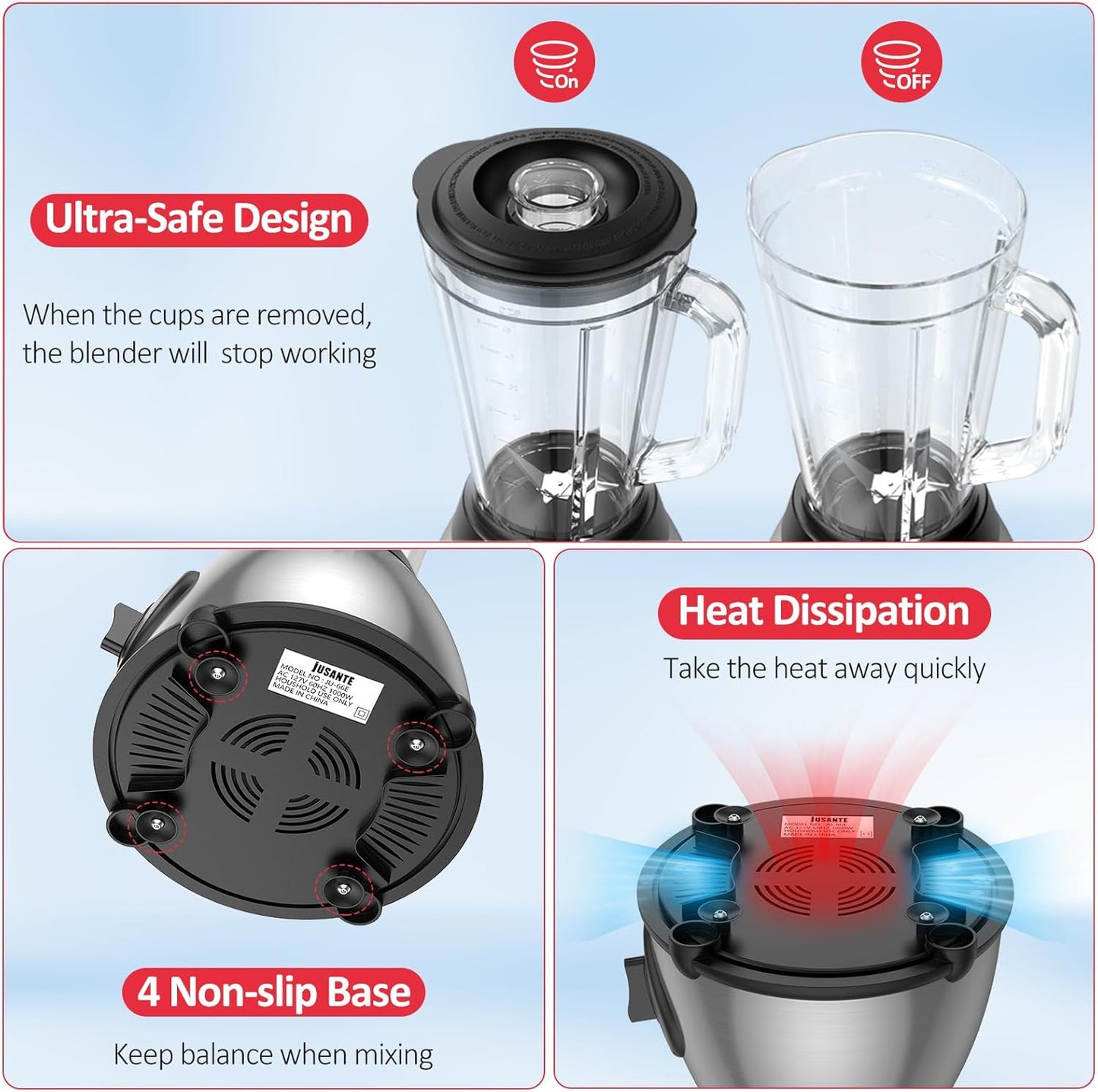 JUSANTE Smoothie Blender, 1000W Professional Kitchen Blender with Glass Jar for Shakes & Smoothies High Speed Countertop Blender for Ice Frozen Drinks