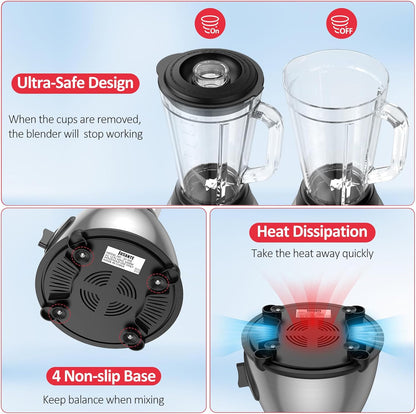JUSANTE Smoothie Blender, 1000W Professional Kitchen Blender with Glass Jar for Shakes & Smoothies High Speed Countertop Blender for Ice Frozen Drinks