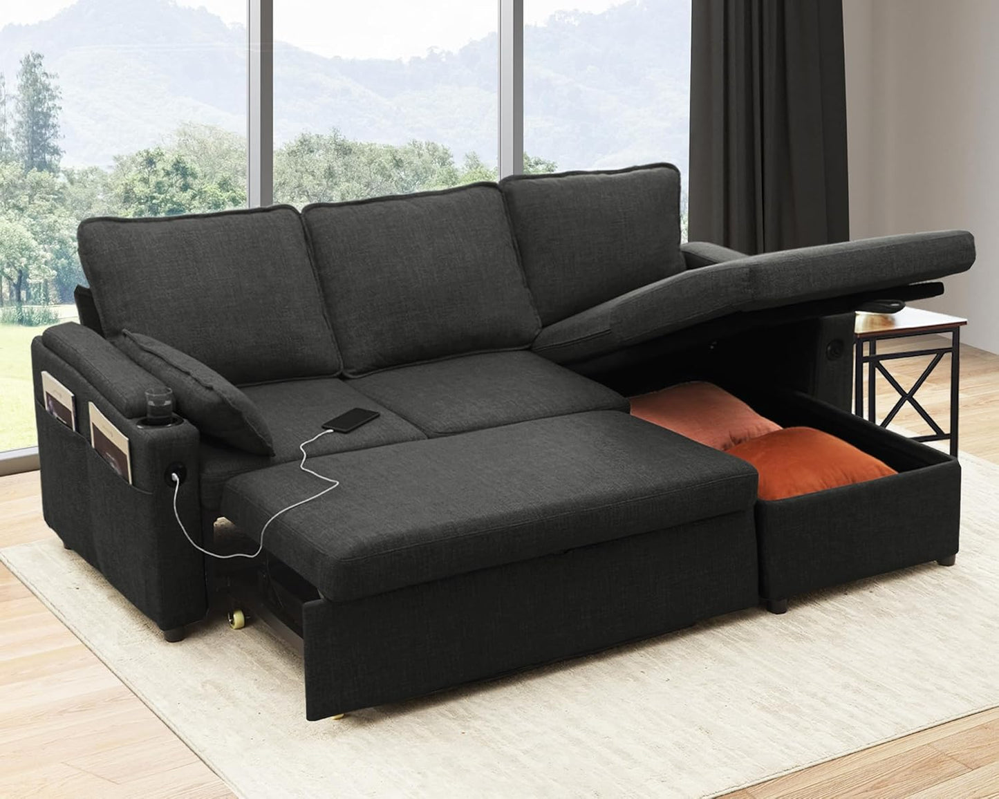 DURASPACE Sofa Bed Sleeper Pull Out 2 in 1 Sectional Sleeper Sofa Couches with Storage,USB, Cup Holder,Pullout Sectional Couches for Apartment Living Room (Dark Gray Linen)