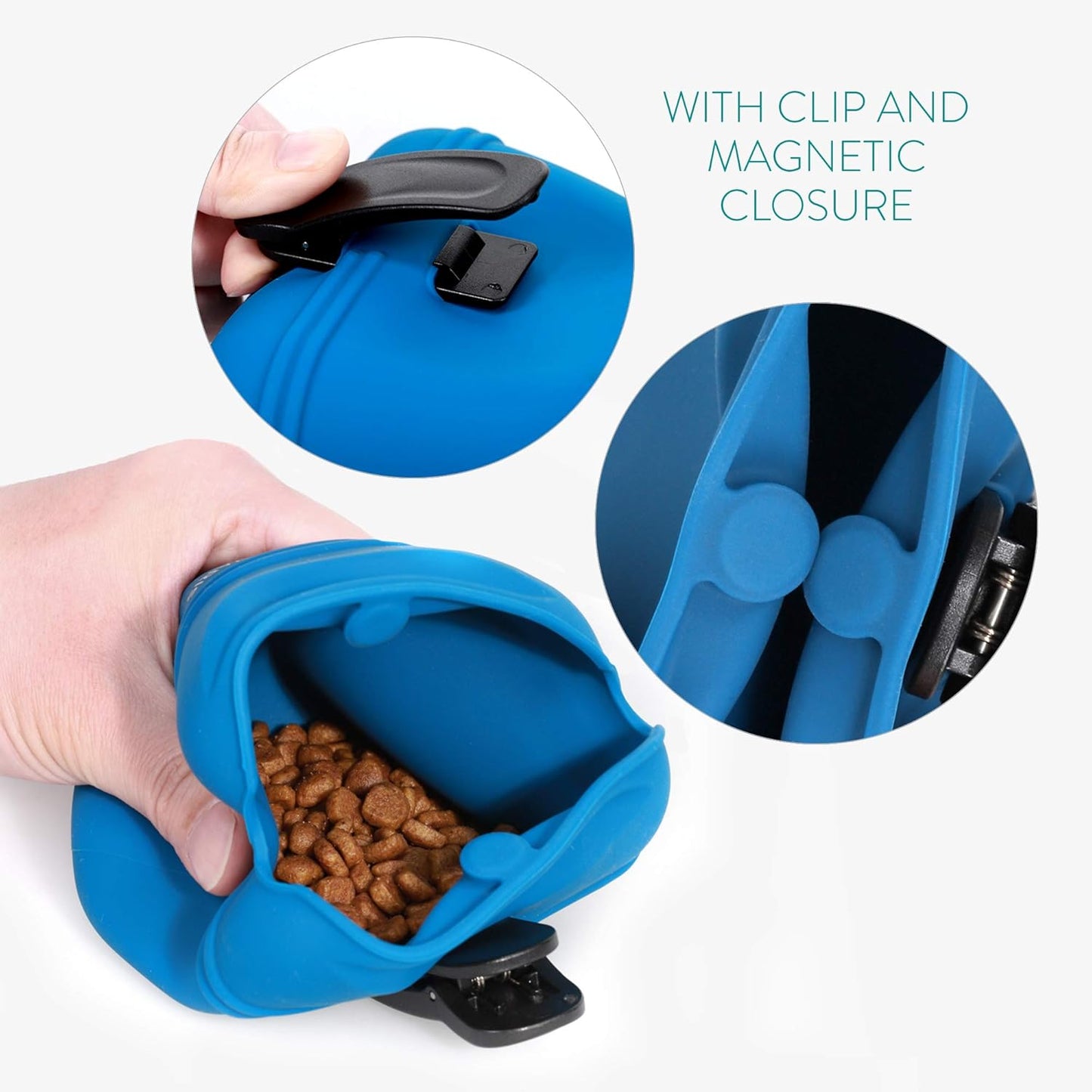 Navaris Silicone Dog Treat Pouches (Set of 2) - Dog Treat Pouch Holder Bag with Clip for Training, Treats, Leash - Polyhedron Design - Blue and Gray