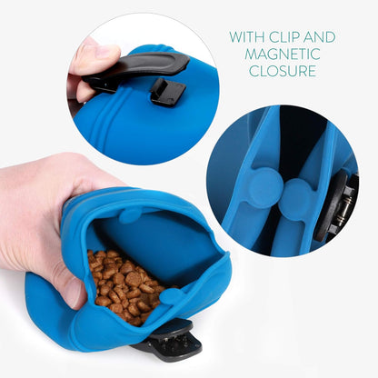 Navaris Silicone Dog Treat Pouches (Set of 2) - Dog Treat Pouch Holder Bag with Clip for Training, Treats, Leash - Polyhedron Design - Blue and Gray