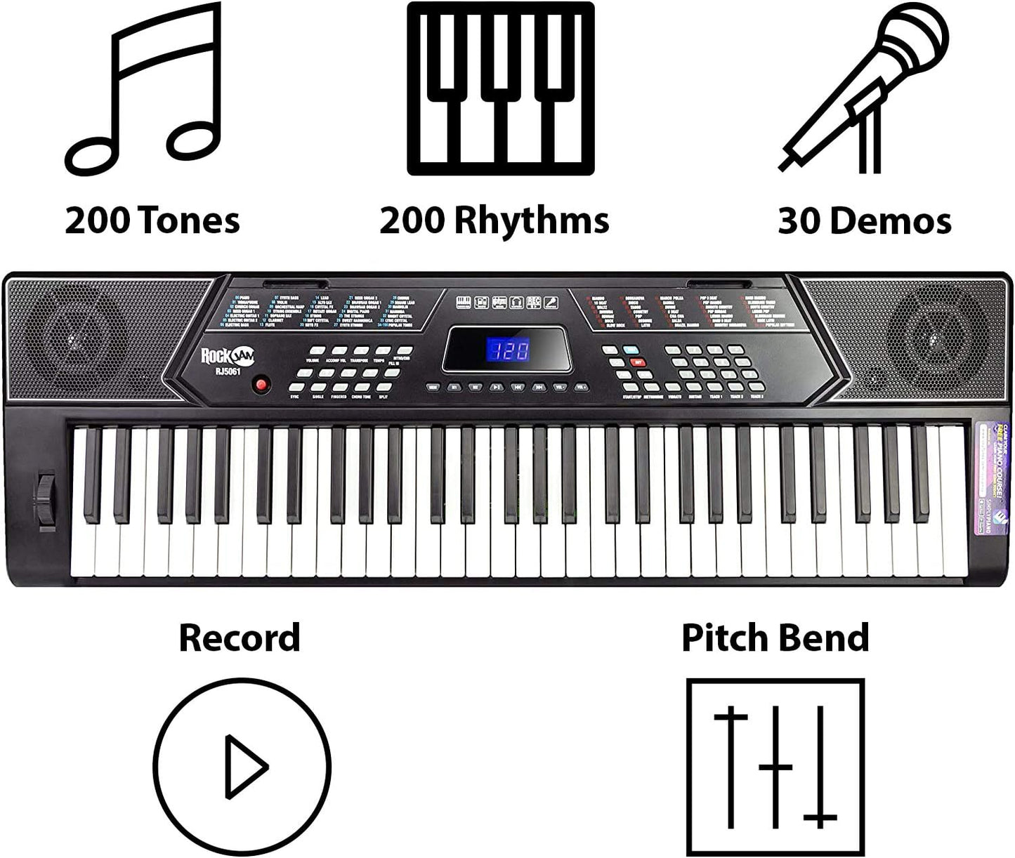 RockJam 61 Key Keyboard Piano With Pitch Bend Kit, Keyboard Stand, Piano Bench, Headphones, Simply Piano App & Keynote Stickers