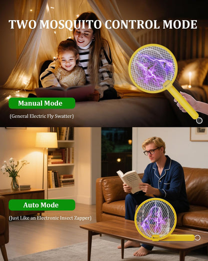 2 in 1 Electric Fly Swatter, 4000V Foldable Bug Zapper Racket, Rechargeable Mosquito Racket with UV Light Trap, Electronic fly zapper with 3 Layer Safety Mesh for Indoor and Outdoor, USB C, Dual Modes
