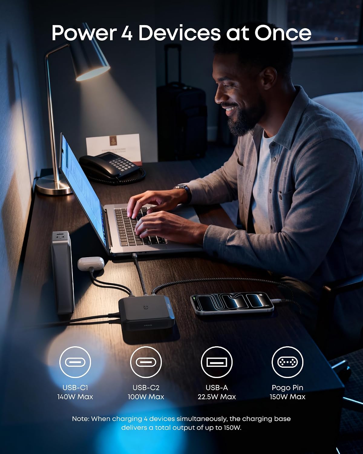 Anker Charging Base for Prime Power Banks with Pogo Pin, 150W Max | Powers Up to 4 Devices, for MacBook Pro / Air, Dell, iPhone 17 / 16 Series, Samsung, and More (Power Bank Not Included)