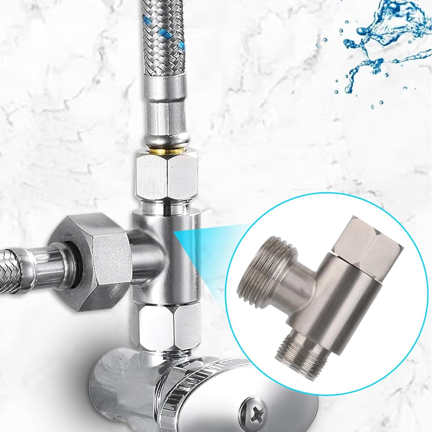 3/8" Bidet T-Valve Adapter, Stainless Steel 3/8" x 1/2" T-Valve with Gasket & PTFE Tape for Toilet Water Tank Connector Replacement Parts Attachments Accessories