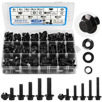 Besitu 280Pcs Metric Flange Bolt Assortment, M6x1.0, M8x1.25, M10x1.5 (12mm to 30mm) Assorted Hex Bolts and Nuts Washers Kit for Automotive, 10.9 Black Zinc Galvanized