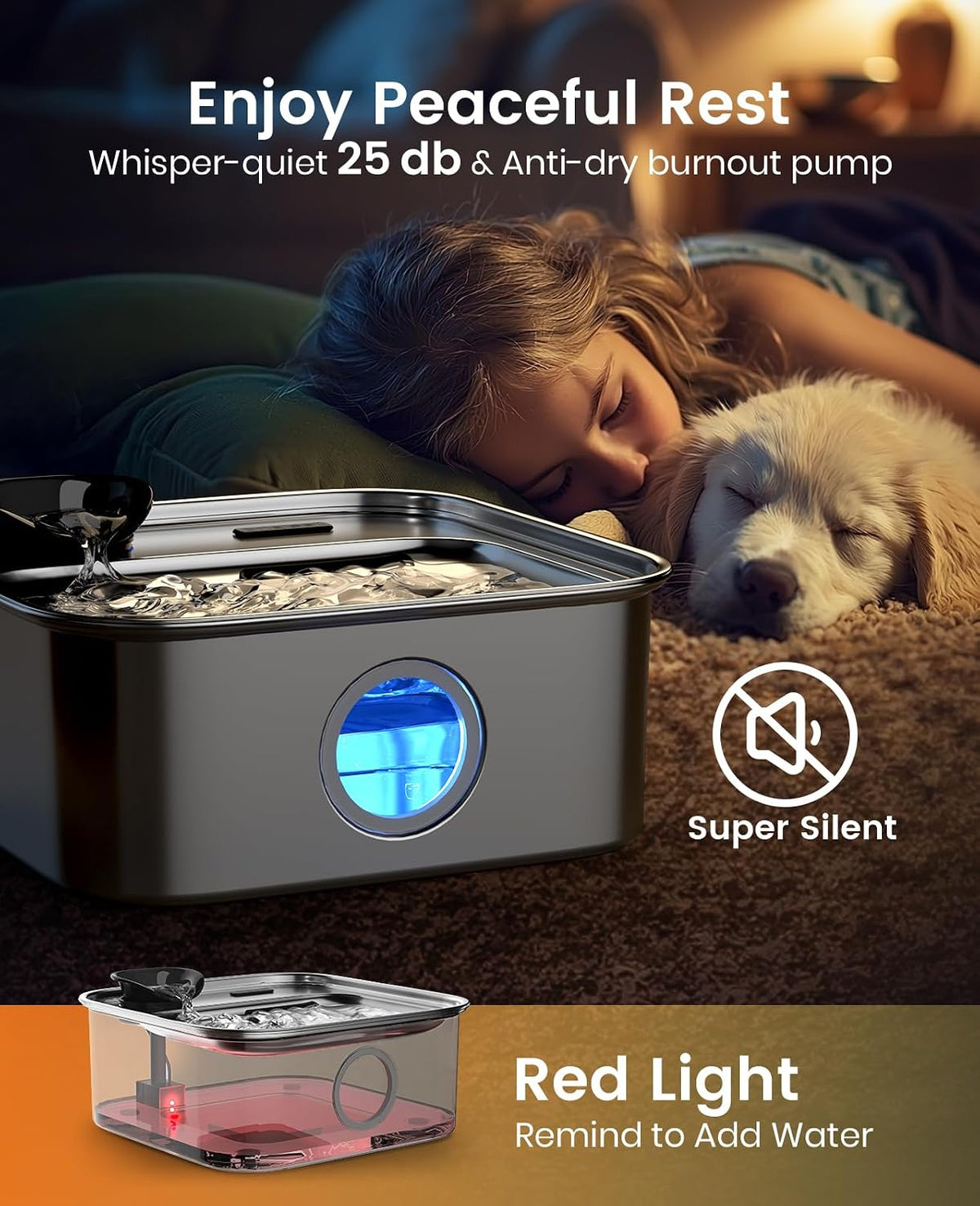 oneisall 10L Dog Water Fountain for Large Dogs (with 6 Filters) Deeper & Wider Drinking Area, Visualization Window & Triple Filtration,304 Stainless Steel Dog Water Bowl Dispenser