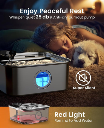 oneisall 10L Dog Water Fountain for Large Dogs (with 6 Filters) Deeper & Wider Drinking Area, Visualization Window & Triple Filtration,304 Stainless Steel Dog Water Bowl Dispenser