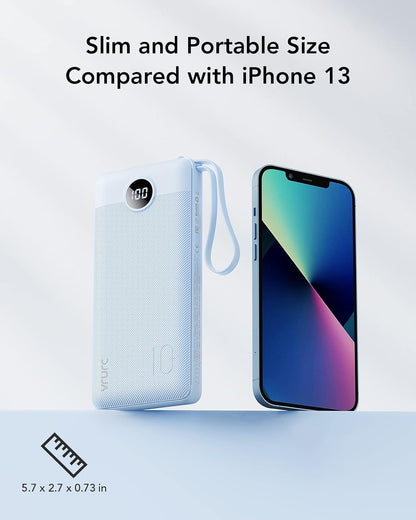 VRURC 10000mAh Power Bank Built-in Cables, Portable Charger with LED Display, Slim Intelligent Travel Battery Pack with Cords, 5 Output Dual Input Phone Charger for Cell Phone Smart Devcies-Blue