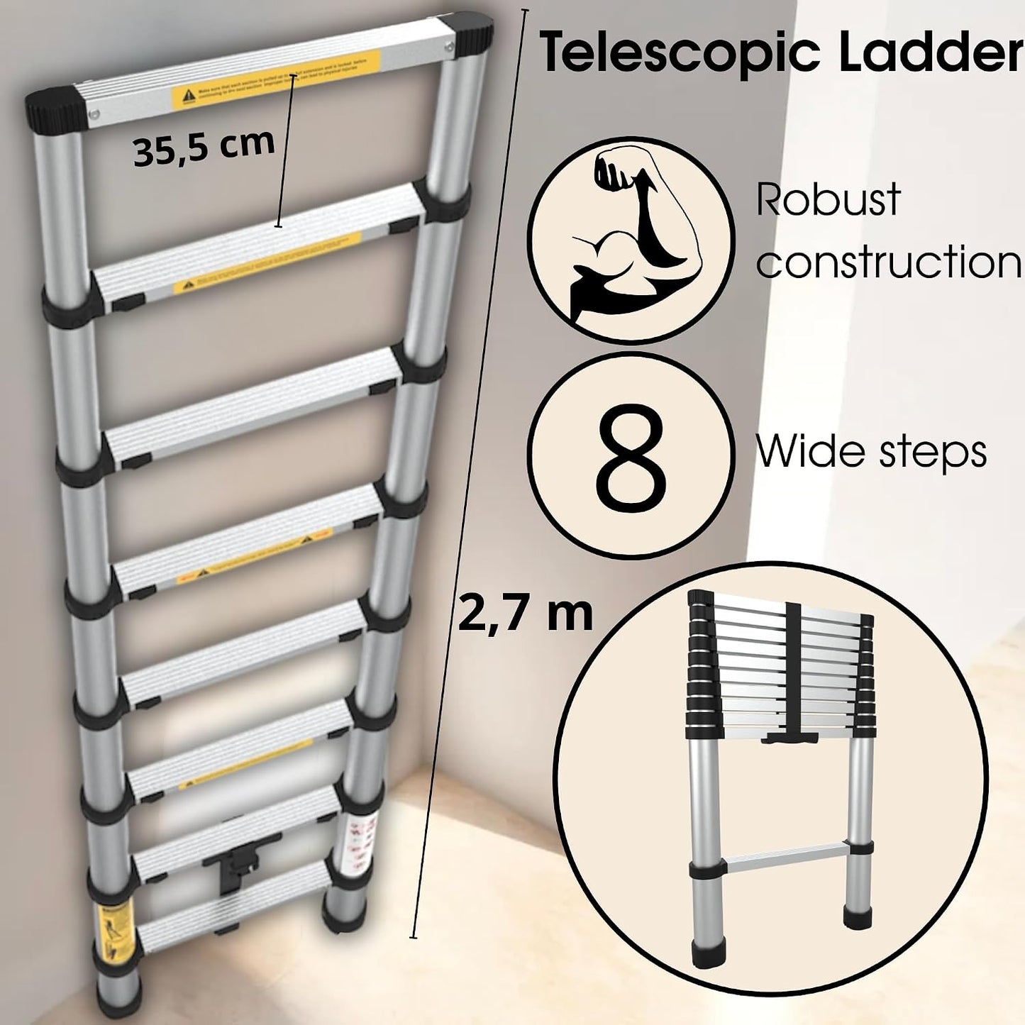 Collapsible Extension Ladder 9 ft – Compact, Lightweight & Durable for Home & Work - Portable Climbing Ladders 2.7 m - Multi-Purpose 8 Step Ladders - Foldable, Heavy Duty, Certified