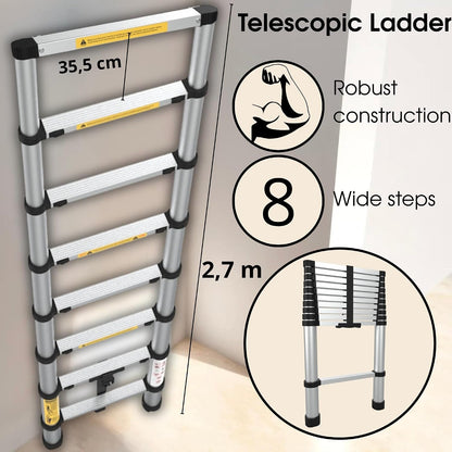 Collapsible Extension Ladder 9 ft – Compact, Lightweight & Durable for Home & Work - Portable Climbing Ladders 2.7 m - Multi-Purpose 8 Step Ladders - Foldable, Heavy Duty, Certified