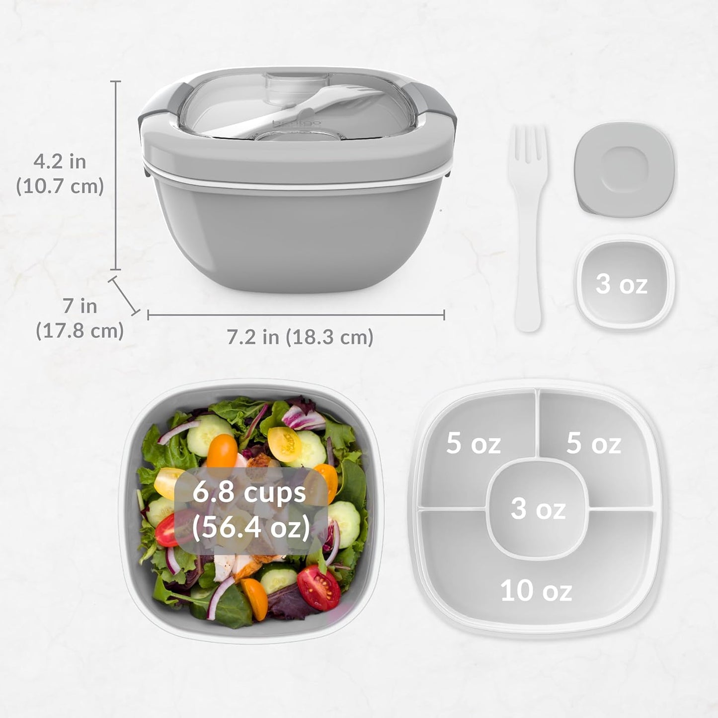Bentgo Salad - Stackable Lunch Container with Large 54-oz Salad Bowl, 4-Compartment Bento-Style Tray for Toppings, 3-oz Sauce Container for Dressings, Built-in Reusable Fork & BPA-Free (Khaki Green)