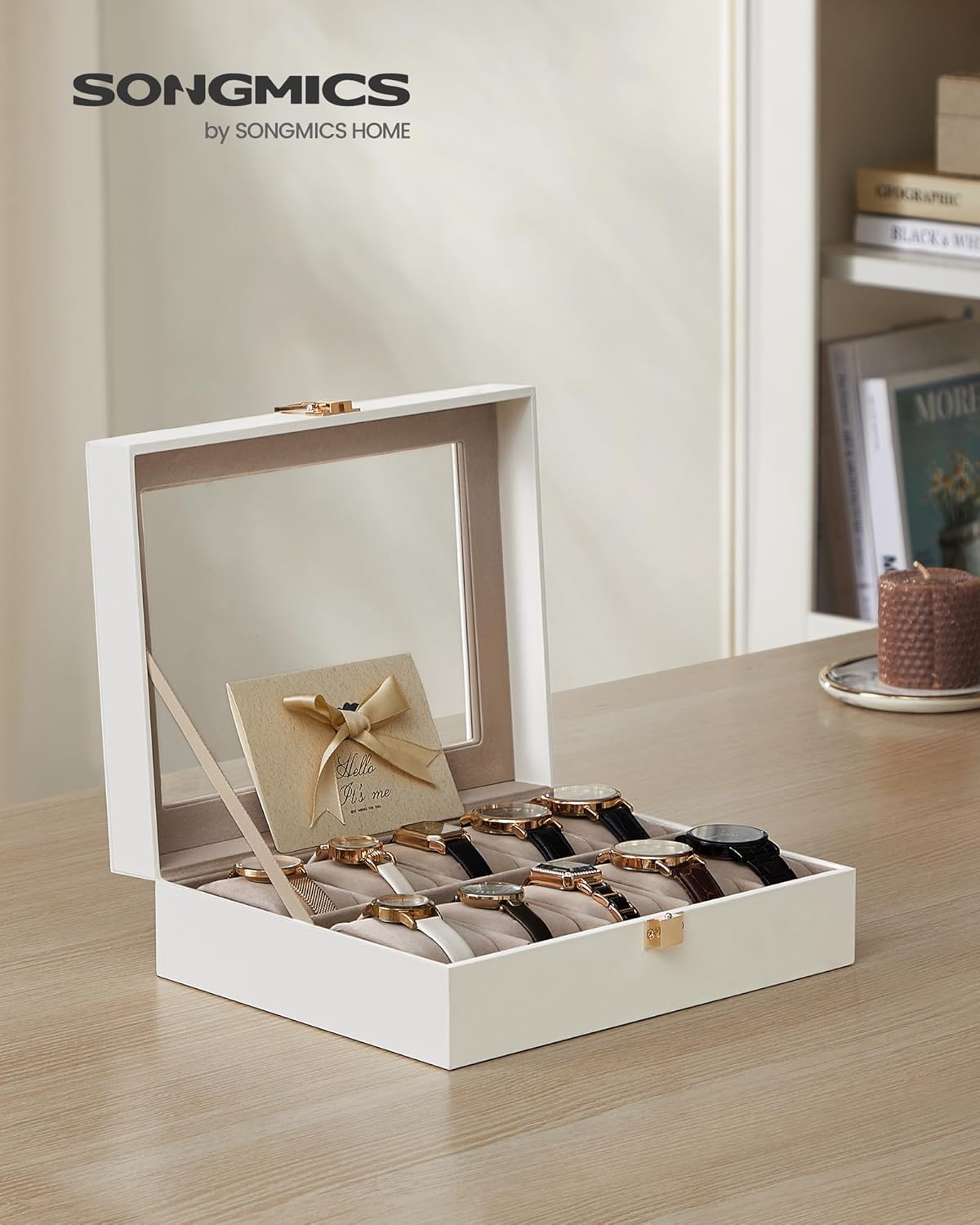 SONGMICS Watch Box, 6-Slot Watch Case, Watch Box Organizer, Black Synthetic Leather, Greenish Gray Lining UJWB06BK