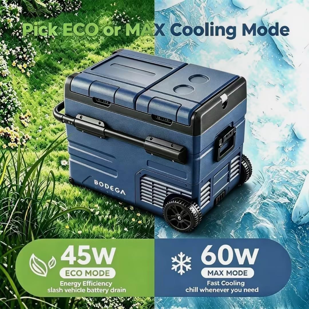 BODEGACOOLER 12V Portable Refrigerator Dual Zone 48 Quart, 45L Portable Car Fridge Freezer, -4℉-68℉℉ Car Cooler WIFI APP Control 12/24V DC and 100-240V AC for Camping,Travel, Home Use
